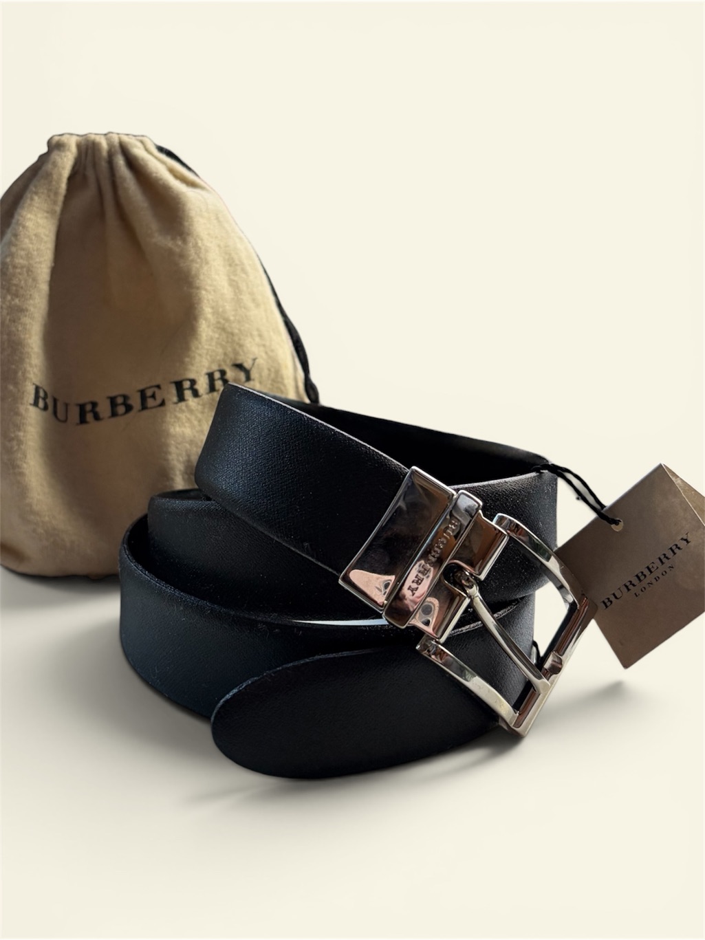 Burberry Reversible Black Saffiano Leather Belt Nwt Italy Silver Buckle 105/42